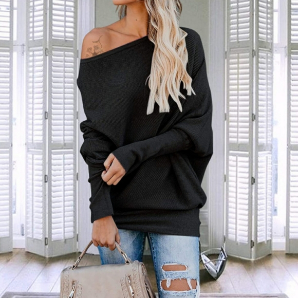 🆕️Off Shoulder Batwing Sleeve Ribbed Shirt Loose - Picture 5 of 5